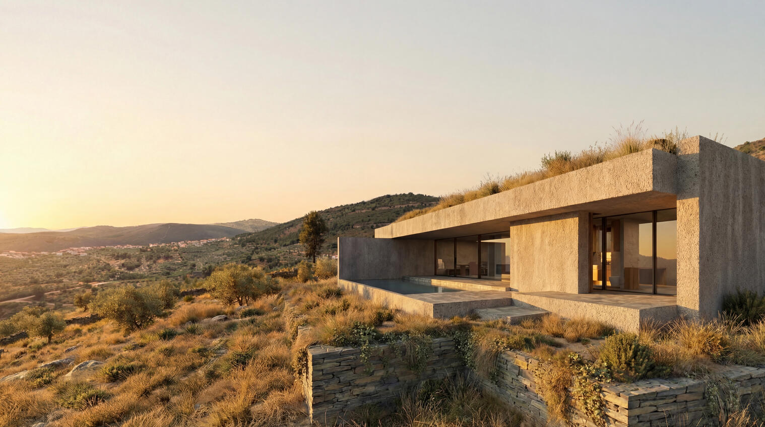 Mazouco House Exterior view of the house at sunset, seen from southeast, with the Douro mountains on the background.