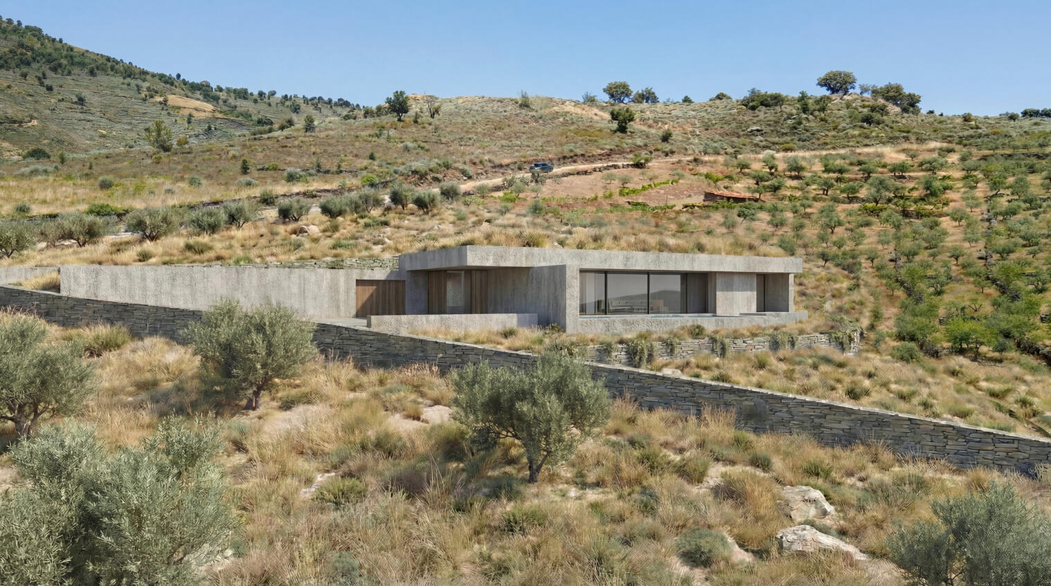 Mazouco House Exterior perspective from Southwest of the house insertion in the Douro mountains landscape.