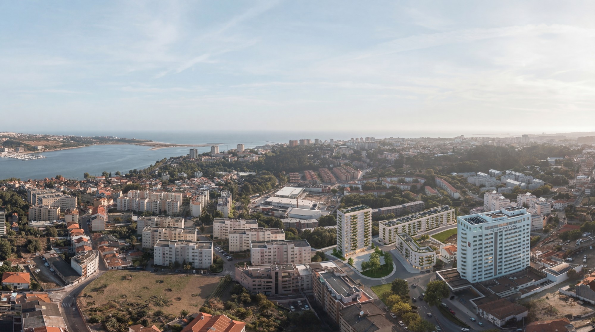 Habitação para arrendamento a custo acessível em Lordelo — implantação na cidade, com vista sobre o Douro, a Foz e o mar.